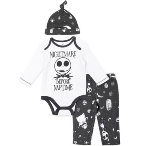 Disney Nightmare Before Christmas Jack Skellington Zero Sally Newborn Baby Boys 3 Piece Outfit Set: Cuddly Bodysuit Pants Hat white / gray Newborn