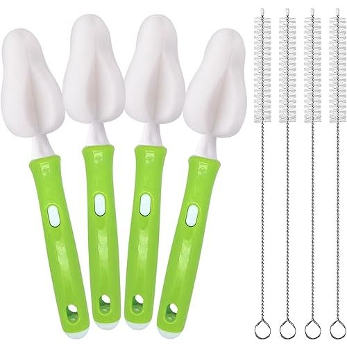 INVODA Nipple Brush 4PCS Sponge Bottle Brushes with 4 PCS Straw Brush Baby Bottle Nipple Cleaner Brush Long Handle Detachable Nipple Brushes (White)