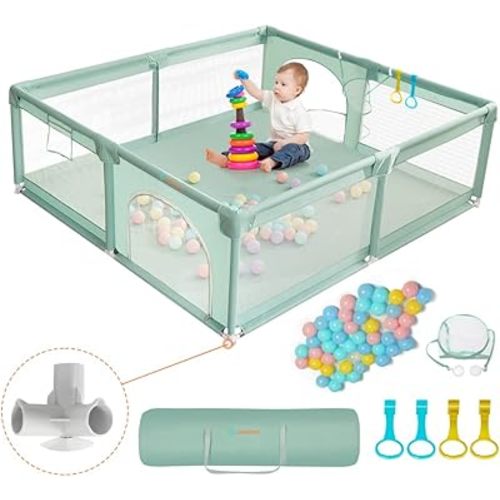 COMOMY Playpens for Toddlers, 71"x59" Baby Playard Extra Large, Safe Non-Slip Fence, Full Mesh Design, Indoor & Outdoor Kids Activity Center, Dark Green