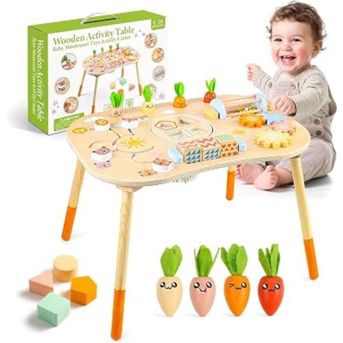 JOIVORAN Wooden Montessori Activity Table for Toddlers 6-36 Months | 6-in-1 Montessori Baby Activity Center with Shape Sorter, Sensory Learning Toys for Boys & Girls, 1st Birthday Gifts