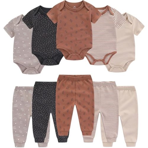 Ruliby Baby Bodysuit and Pant Set 10-pcs Cotton Soft Newborn Clothes Outfit
