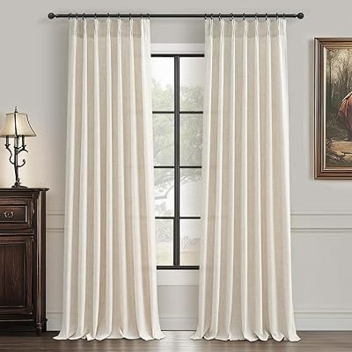 102 Inch Long Curtains for Living Room, Light Filtering Privacy Pinch Pleated Curtain Back Tab for Track System Semi Sheer Drapes Cream Ivory Faux Linen Textured 40" W x 102" L 2 Panels