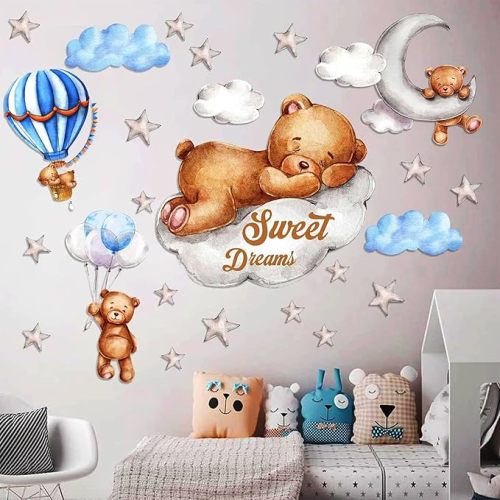 Tedy Bear Moon & Stars Wall Decor - Sleeping Bear Wall Stickers, Baby & Nursery Room Decor