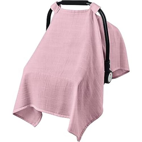 Baby Car Seat Cover, 100% Muslin Carseat Cover, Universal Carseat Covers Baby Girl, Infant Car Seat Cover for Sun, Bug, and Comfort Protection (Pink)