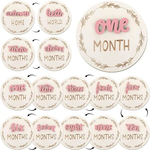 7 Pcs Months Baby Milestone Signs, 3D Pink Baby Monthly Milestone Cards Milestone Wooden Circles for Newborn Boy Girl 1-12 Months Baby Milestone Pictures (Double Sided)