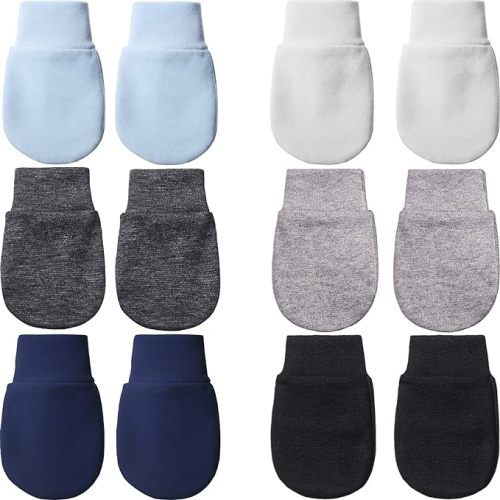6 Pairs Newborn Baby Mittens No Scratch Gloves Infant Toddler Anti Scratch Essentials Unisex Cotton for 3-9 Months Girls Boys - White, Light Blue, Gray-black, Gray, Navy Blue, Black - Solid
