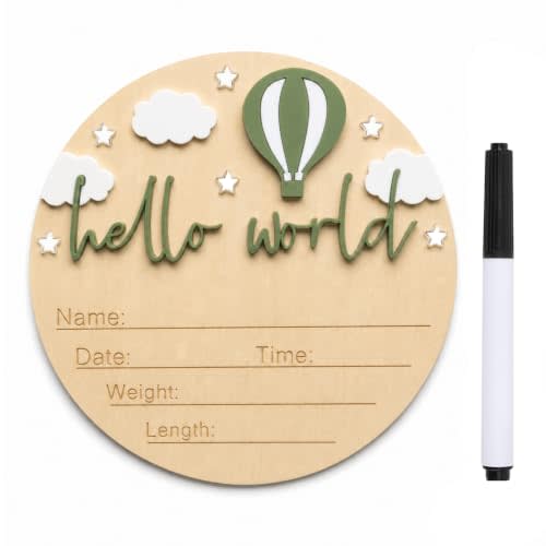 Baby Announcement Sign, 5.9 Inch Wooden Hello World Newborn Signs, Birth Announcement Sign and Pen, Hot Air Balloon and White Cloud Decoration, Welcome Newborn Arrival to World (Forest Green)