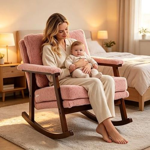 Teddy Nursery Rocking Chair 30° Rocking, Upholstered Wood Frame, Light Pink