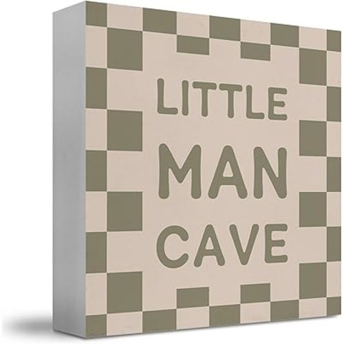 Little Man Cave Sign for Boys, Baby Boy Nursery Decor Retro Sage Green Checkered Wooden Box Sign, Boys Room Wood Block Box for Little Teen Bedroom Playroom Desk Shelf Tabletop Decor, 5x5 Inch