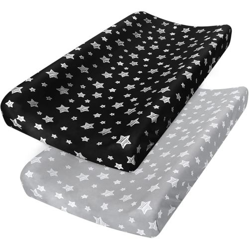 Changing Pad Cover for Boys Girls 2 Pack, Lovely Print Soft Unisex Diaper Change Table Sheets, Fit 32"x16" Contoured Pad, Comfy Cozy 2-Pack Cradle Sheets, Grey & Black