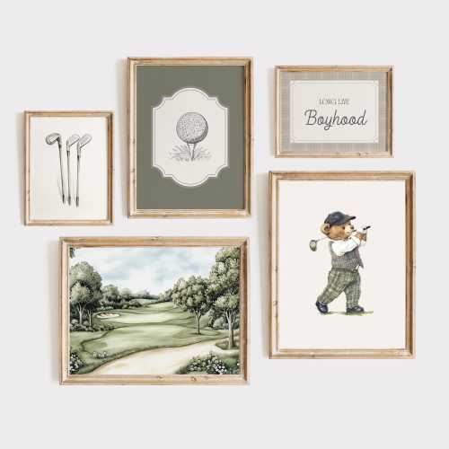 Vintage Teddy Bear Nursery Golf Prints, Set of 5 prints, Sage Green, Nostalgic Wall Decor, Vintage Sport Nursery Decor, Golf Boy Room Print