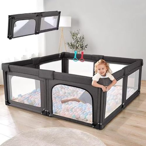 Cholena PlayPen 79"x59" Foldable Baby Playpen for Babies and Toddlers, Indoor & Outdoor Baby Fence Play Area, Collapsible Play Yard with Zipper Door（Cationic Black）