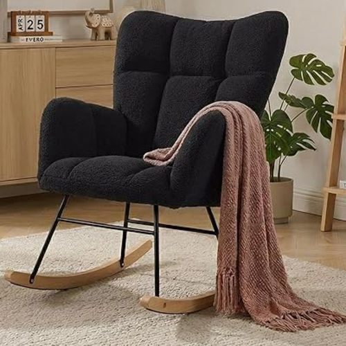 Nursery Rocking Chair, Teddy Upholstered Glider Chair with Thick Cushion, Tufted Gliding Rocker Chair with Wood Leg, Cozy Rocking Armchair, Accent Rocking Chair for Living Room (Black)