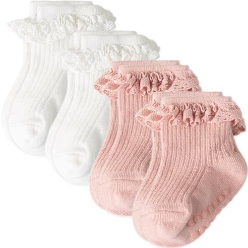 AQOKKA Baby Girl Toddlers Socks with Non-slip Grip Cute Frilly Ruffle Ankle Soft Cotton Newborn Baby Socks for Infant Kids