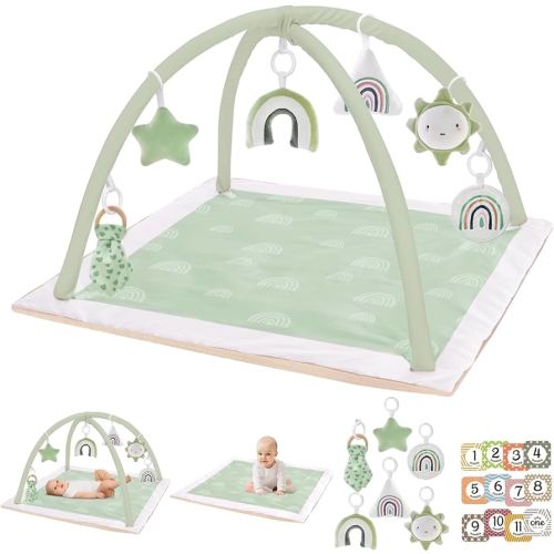 Washable Tummy Time Mat, Baby Play Gym with 6 Featured Toys, Baby Gym for Infant & Toddler, Larger Baby Play Mat, Deluxe Baby Play Mats for Floor, Sensory and Motor Skill Development, Non Slip, Green