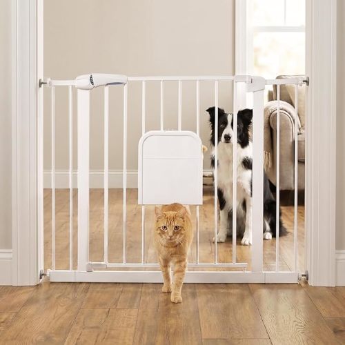 Metal Baby Gate with Cat Door, 31-46 Inches, White