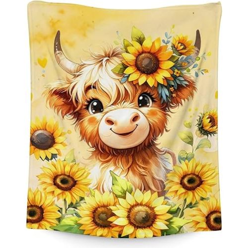 Highland Cow Blanket Gifts - 40" x 50" Inches Cartoon Highland Cow Throw Blanket for Boys Girls- Yellow Soft Furry Blankets Gift for Sofa, Crib & Bed