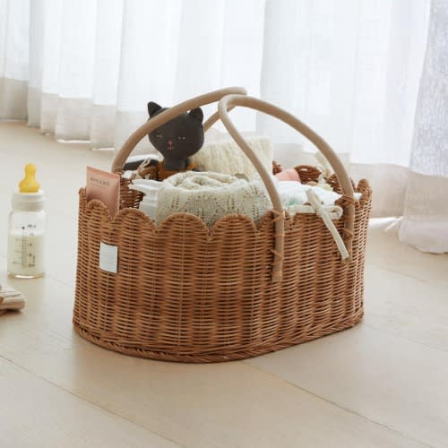 Baby Diaper Caddy Organizer Mocca- Artisan-Crafted Scalloped Rattan Basket - Luxurious  Diaper Caddy Basket - Elegant Scallop Basket