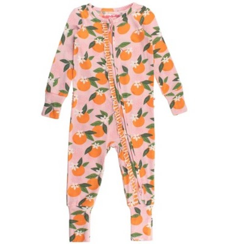 RuffleButts SoftSnooze Baby Girls Ruffle One Piece Convertible Pajamas - Orange You The Sweetest, 6-12m