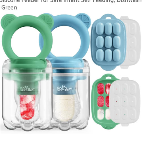 Bear Baby Fruit Food Feeder & Mini Freezer Nibble Tray Combo, 2 Pack Breastmilk Popsicle Molds for Baby Teething Relief, BPA Free Silicone Feeder for Safe Infant Self Feeding, Dishwasher Safe
