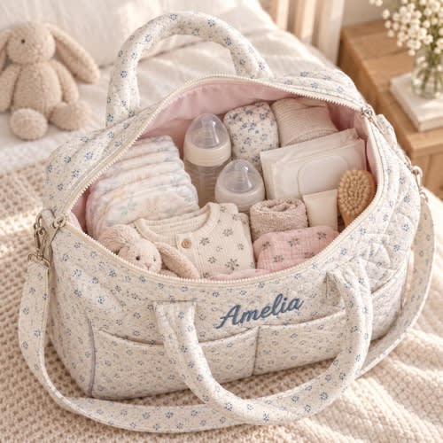 Personalized Quilted Diaper Bag, Floral Baby Weekender, Embroidered Name Mommy Bag, New Mom Gift, Baby Shower Gift, Quilted Baby Bag
