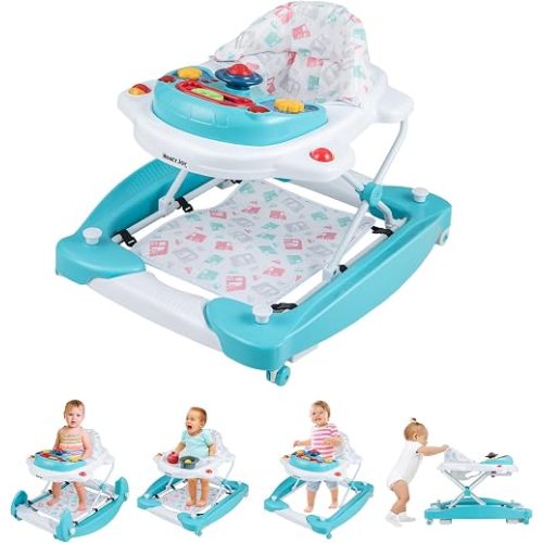HONEY JOY Baby Walker, 6-in-1 Foldable Baby Walker and Bouncer Combo, Infant Activity Walker with Wheels, Adjustable Heights, Rocker, Music, Lights, Walker for Baby Boy Girl 7-14 Months (Green)