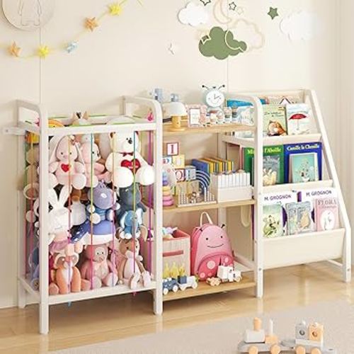 B1 Kids Bookshelf and Toy Storage, 3-Tier Book Shelf for Kids Rooms, Sling Baby Bookcase with Stuffed Animal Storage, Montessori Toddler Bookshelf for Nursery, Bedroom, Playroom Burlywood