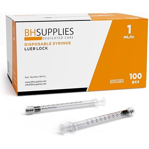 BH Supplies 1ml Luer Lock Tip Syringes (No Needle) - Sterile, Individually Wrapped - 100 Syringes