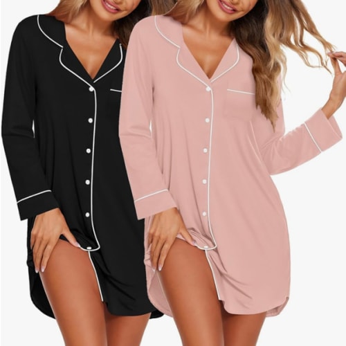 Ekouaer 2 Pack Nightgowns for Women Long Sleeve Night Shirt Button Down Sleep Shirt V-Neck Sleep Dress Pajama Sleepwear