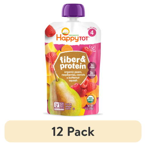 (12 pack) Happy Tot Organics Fiber & Protein Stage 4, Pears Raspberries Carrots & Butternut Squash Organic Tot Food, 4 oz Pouch