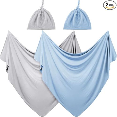 JaGely 2 Pcs Stretchy Baby Swaddle Blankets Set Extra Soft 47" x 47" Baby Newborn Swaddle Blanket and Hat(Light Gray, Light Blue)