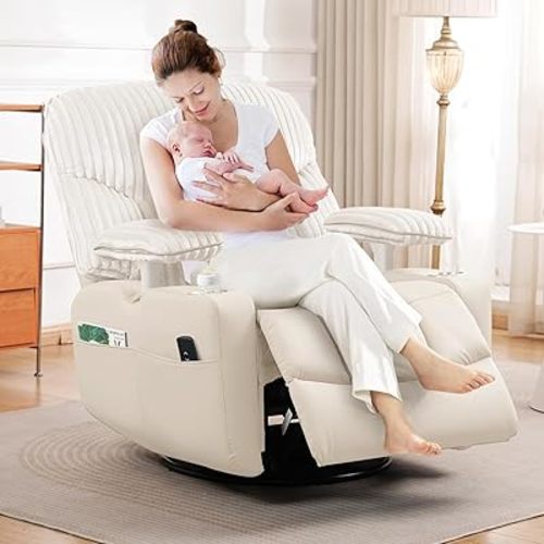 GRAINELL Rocking Chair Nursery, Electric Swivel Recliner Glider with Adjustable Armrests, Nursing Chair with USB Charger, Cup & Blanket Holders, Beige Corduroy & PU Leather