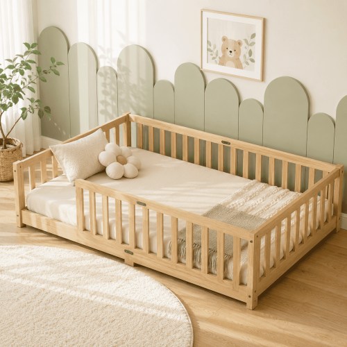 uhomepro Kiddie Room Size Twin Floor Bed Frame, Tent-shaped House Bed with Fence for Child, Natural