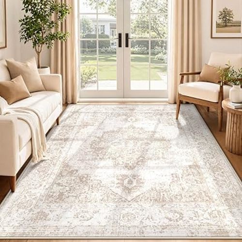 Area Rug 5x7 Vintage Rug: Washable Indoor Medallion Rugs Low Pile Distressed Floor Carpet Retro Accent Rug for Living Room Bedroom Kitchen Dining Table Home Office(Beige, 5'x7')