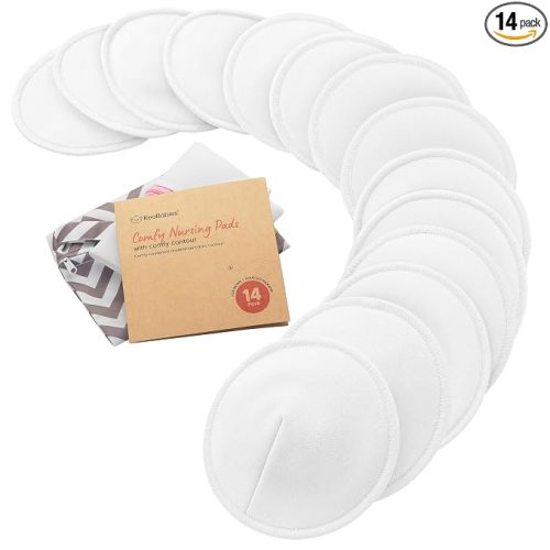 Organic Nursing Pads, 14 Washable Breast Pads,Wash Bag (Soft White, M 4.6") | Viscose Derived from Bamboo, Breast Pads for Breastfeeding, Reusable Nipple Covers, Breastfeeding Essentials, Soft, Absorbent