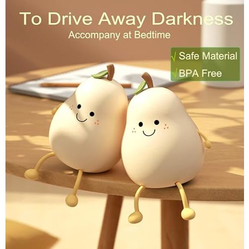 HAPPYBAG Cute Silicone Night Light for Kids,Dimmable Nursery Pear Lamps,Kawaii Room Decor Fruit Night Light Bedside Lamp for Baby and Toddler