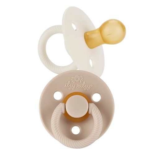 Itzy Ritzy Natural Rubber Pacifiers (Set of 2) – Baby Pacifiers with Cherry-Shaped Nipple & Large Air Holes for Added Safety – Set of 2 Binkies in Coconut & Toast (Ages 6 – 18 Months)