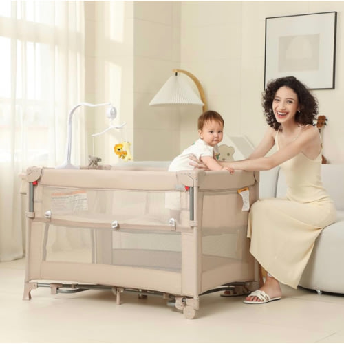 5 in 1 Pack and Play, Baby Bassinet Bedside Sleeper, Baby Playard, Bedside Crib with Changing Table, Foldable Travel Playard for Newborn to Toddles (Beige)