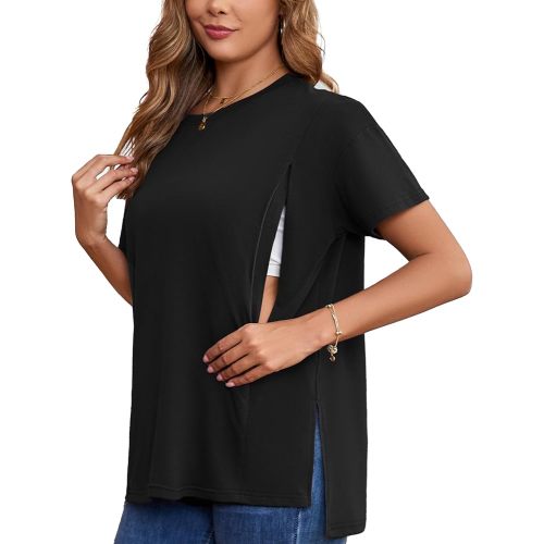 Ecavus Women's Oversized Nursing Shirts for Breastfeeding with Hidden Zipper Short Sleeves Side Splits Maternity Tops