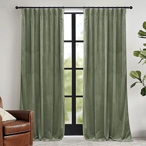 RYB HOME Sage Green Velvet Curtains 84 inches, Room Darkening Super Soft Velvet Drapes with Pleat Tape for Living Room, Thermal Insulated Window Treatment for Bedroom, W52 x L84 inch, 2 Panels