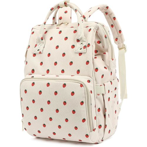 Corduroy Diaper Bag Backpack for Baby Girls Boys, Women Large Nappy Bags for Mom (Beige Corduroy Strawberry)