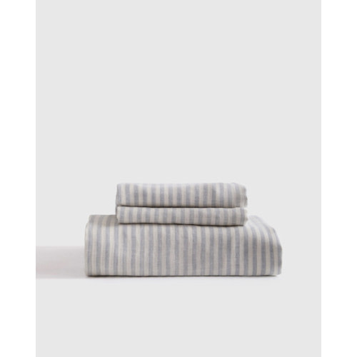 100% European Linen Fitted Sheet Set | Quince in Mist/White Stripe