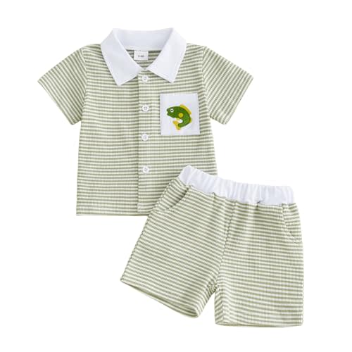 fhutpw Baby Toddler Boy Summer Clothes Striped Button Down Shirt Outfits | Beach Vacation Shirt, Infant Striped Tops, 2Pcs Boys Set, Short-Sleeved Suit, 6 12 18 Months, 2T, 3T, 4T, 5T