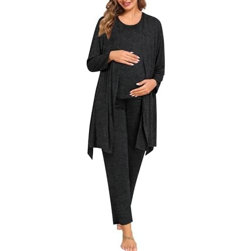 SWOMOG 3pcs Maternity Nursing Robe Set Labor Delivery Double Layer Pajamas Set Postpartum Breastfeeding PJS, S-XXL