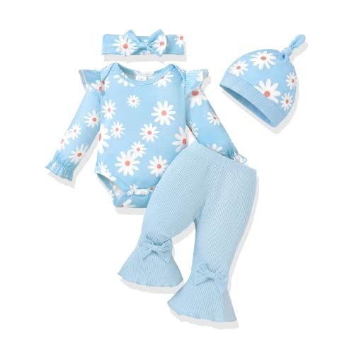 AMAWMW Baby Girl Clothes Ruffle Sleeve Romper Flared Pants Infant Outfit | 4 Pieces Outfit, 0-18 Months, Soft and Skin-friendly Fabric, Bow or Floral Print, Fall Winter Clothing Set