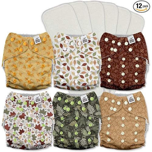 Mama Koala 3.0 Pocket Cloth Diapers for Babies with AWJ Lining, 6 Pack with 6 5-Layer Natural Cloth Diaper Inserts - Reusable and Washable Pocket Diapers(A-Falling Leaves)