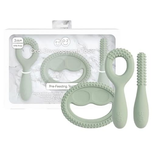 ezpz Oral Development Tools - 3 Months+ (3 Pack in Sage) - Non-Slip Loop, Smile and Stick, 100% Silicone Tools to Practice Feeding + Chewing - Sensory Bumps - Dishwasher Safe