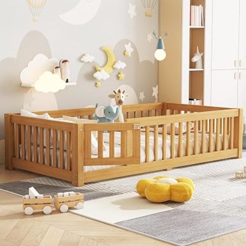 Twin Size Montessori Floor Bed with Door, Slats & Fence, Natural Floor Bed