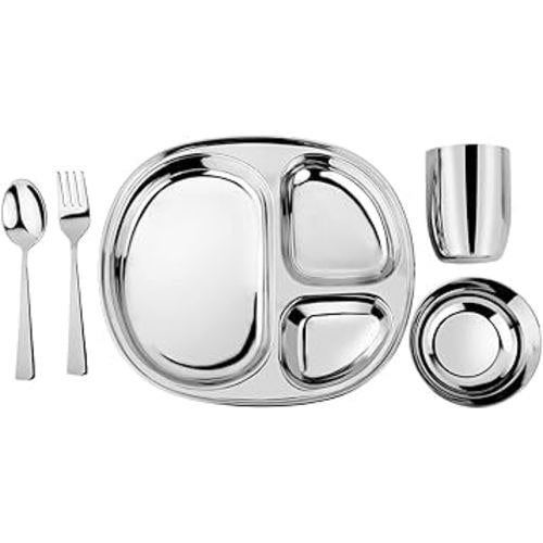 Ahimsa Stainless Steel Kids Dinnerware Set - 5 Piece Toddler Plates and Bowls Set, Pediatrician Designed, Includes Non Toxic Toddler Plate and Bowl, Kids Utensils and Cup (Classic Stainless Steel)