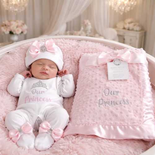 Newborn baby girl Princess homecoming hospital set ROMPER hat hesdband Personalised ADD  a blanket or keepsake suitcase